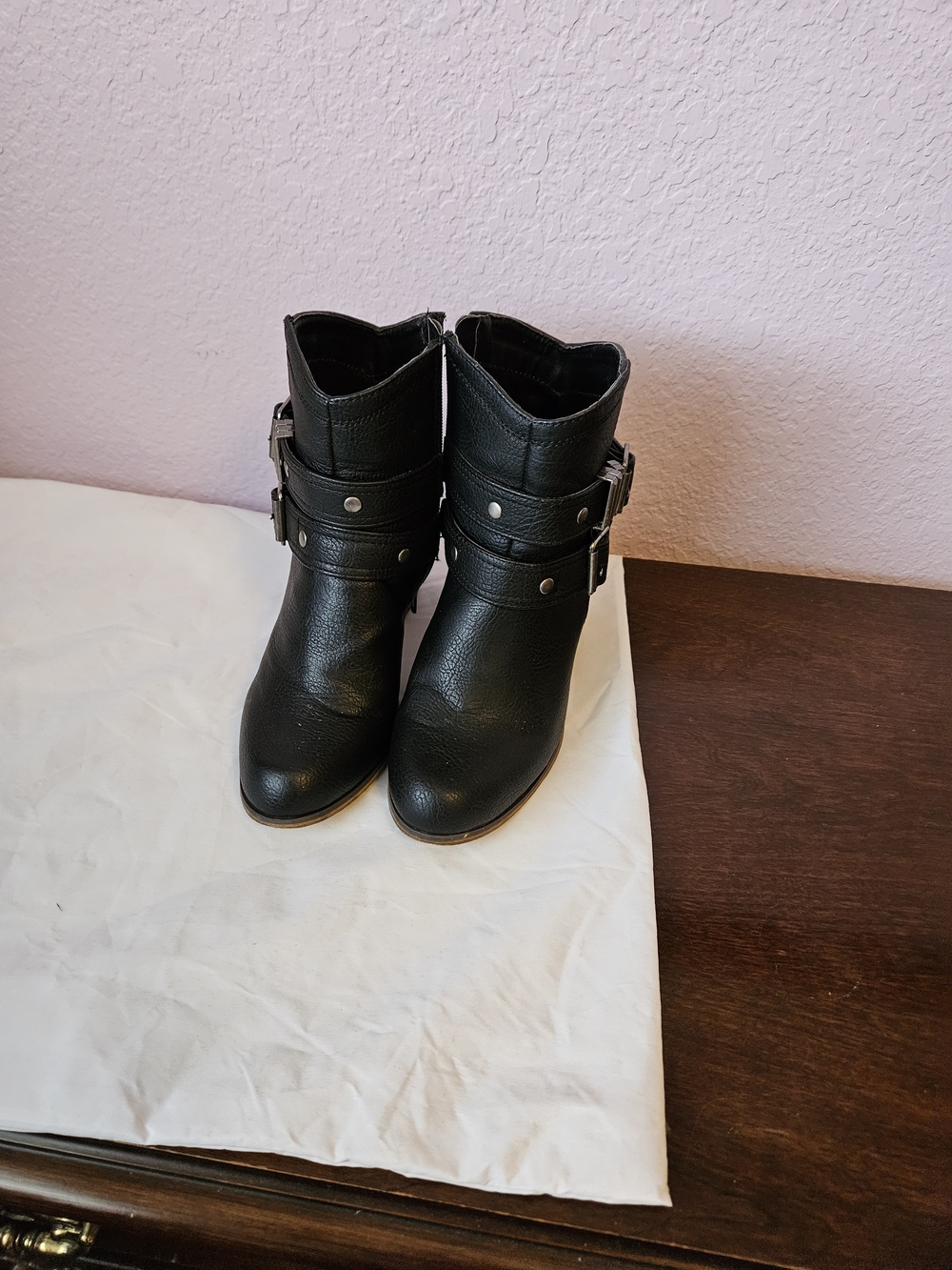 Women's Black Faux-Leather Ankle Booties with Buckle Detail